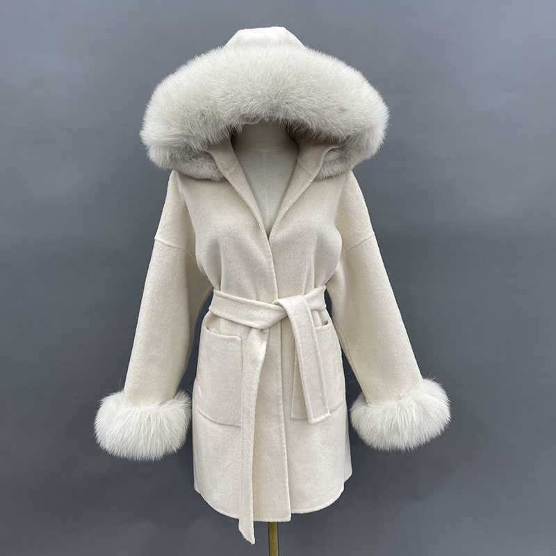 Wool Coat Peacoat - MISSJANEFUR Wollen Jas met Echte Vos
