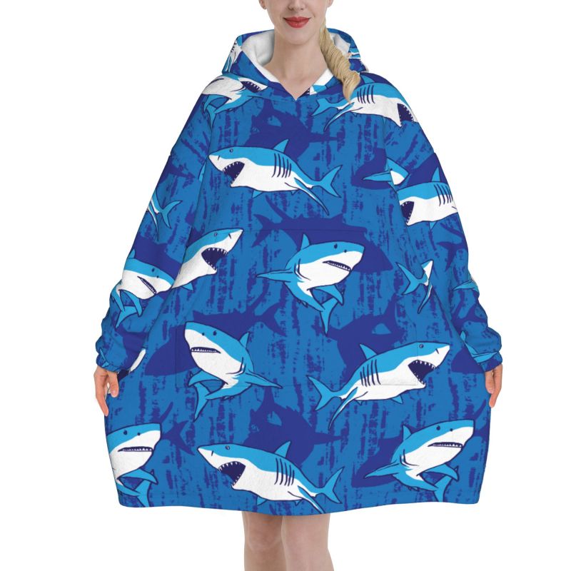 Sherpa Hoodie Fleece - Draagbare deken met capuchon, cartoonhaaienprint, oversized