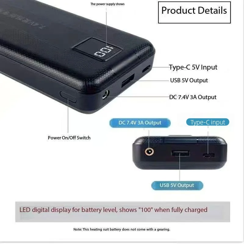 Heated Vest Battery - Nieuwe Grote Capaciteit 7.4 V/3A/16000 mAh/20000